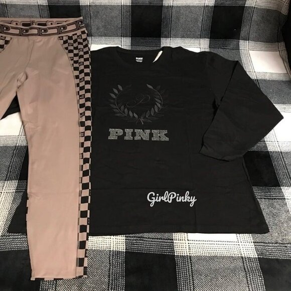 VS PINK Black Bling Logo Campus Tee WITH Checkered Ultimate Leggings EXTRA LARGE - Picture 7 of 11